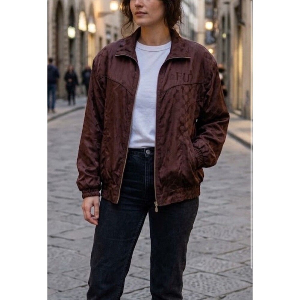 VTG 80s 90s FUDA International Bomber Jacket 100% Silk Brown Full Zip Pockets XL